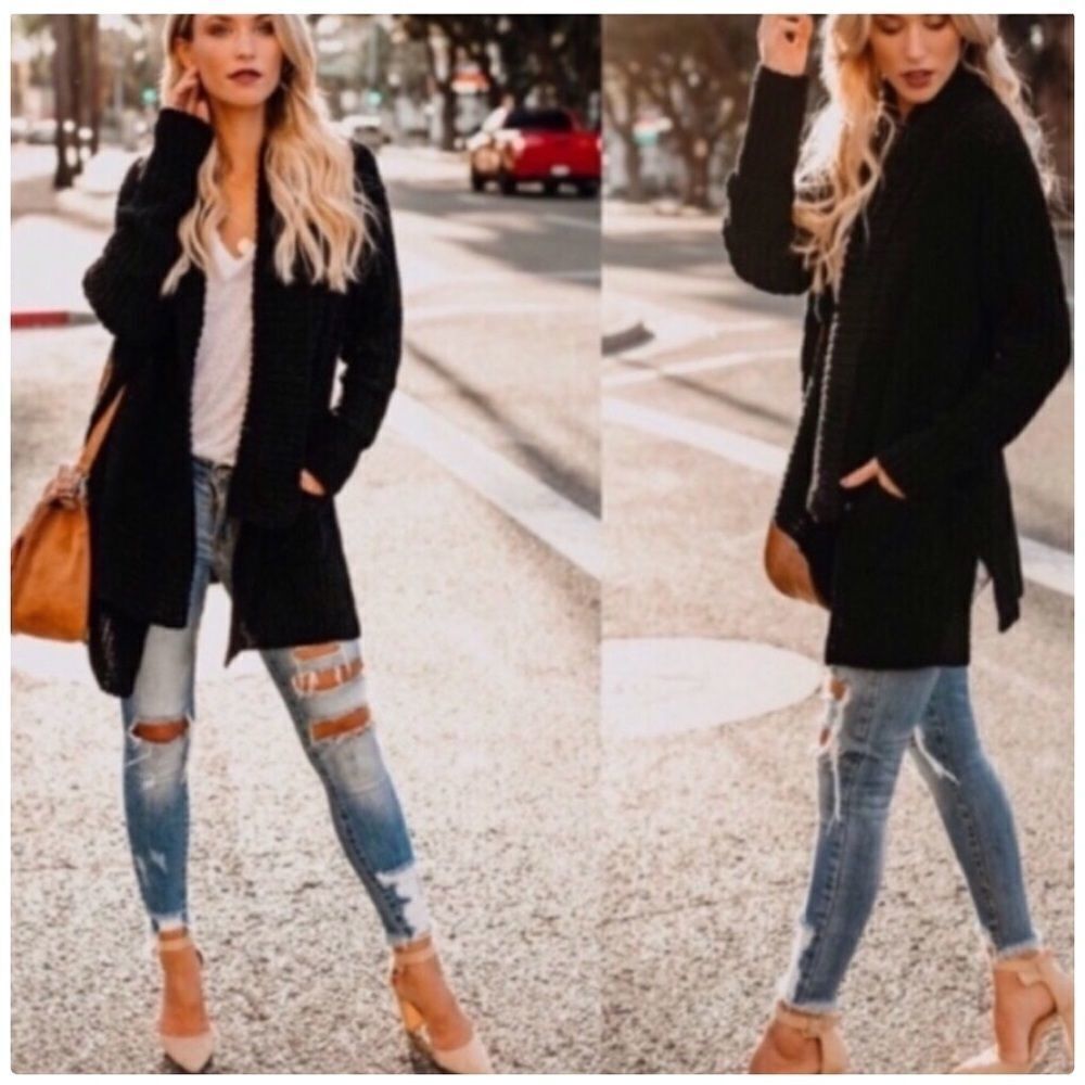 Black Chenille Open Front Cardigan w/pockets